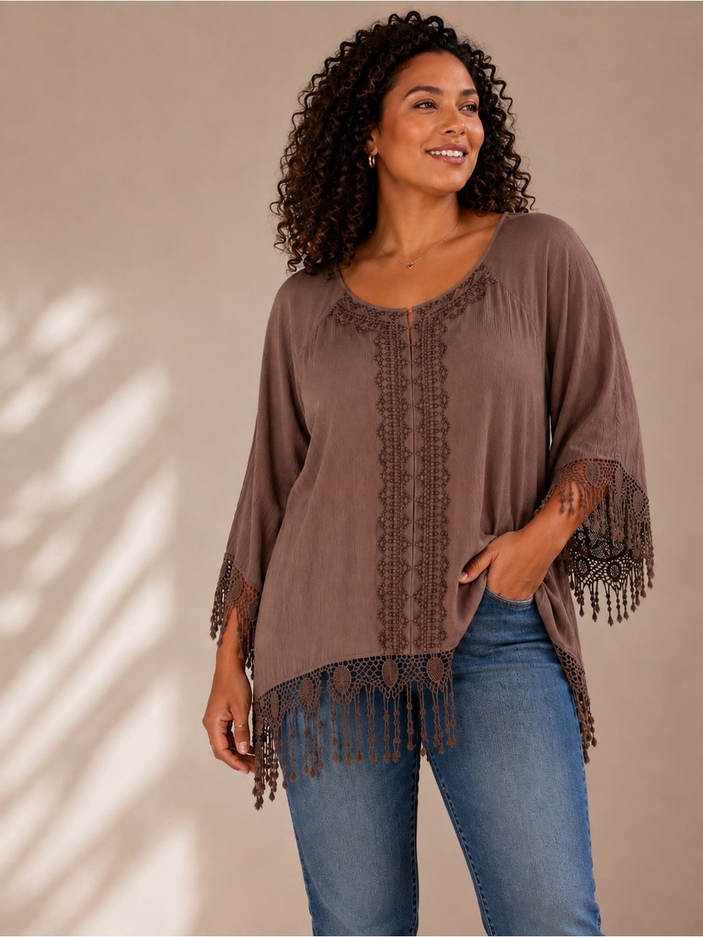 indigo soul Brown Crochet-Trim Tassel Hem Blouse - Picture 2 of 10